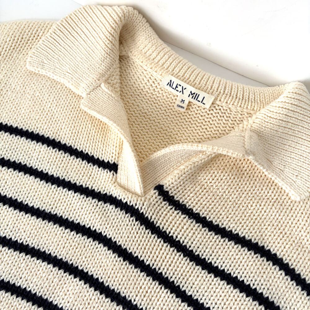 Alex Mill Jacques Cotton Stripe Polo Sweater Cream Black 100% Cotton Size M - Picture 10 of 13